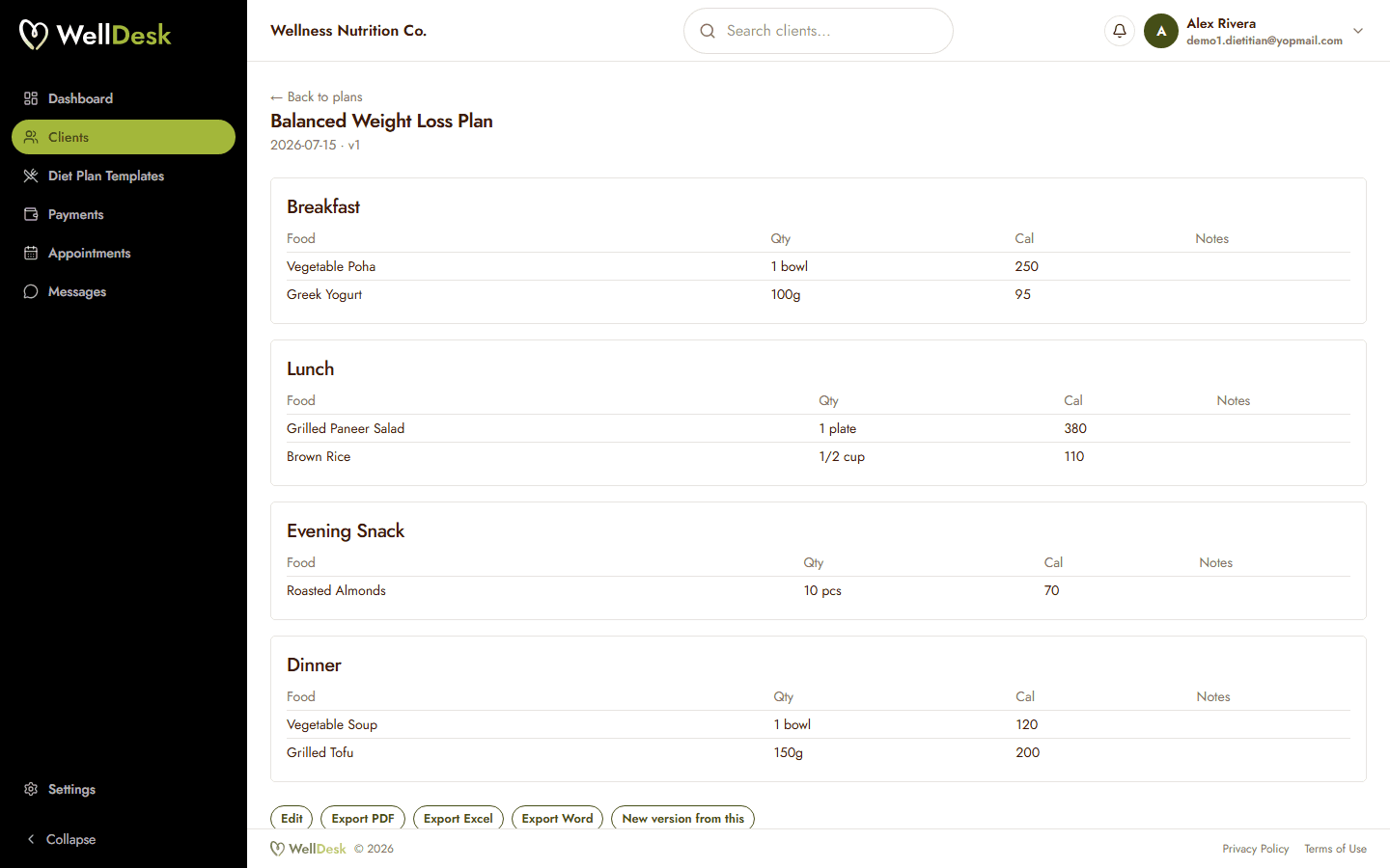 A diet plan being built in WellDesk with export options