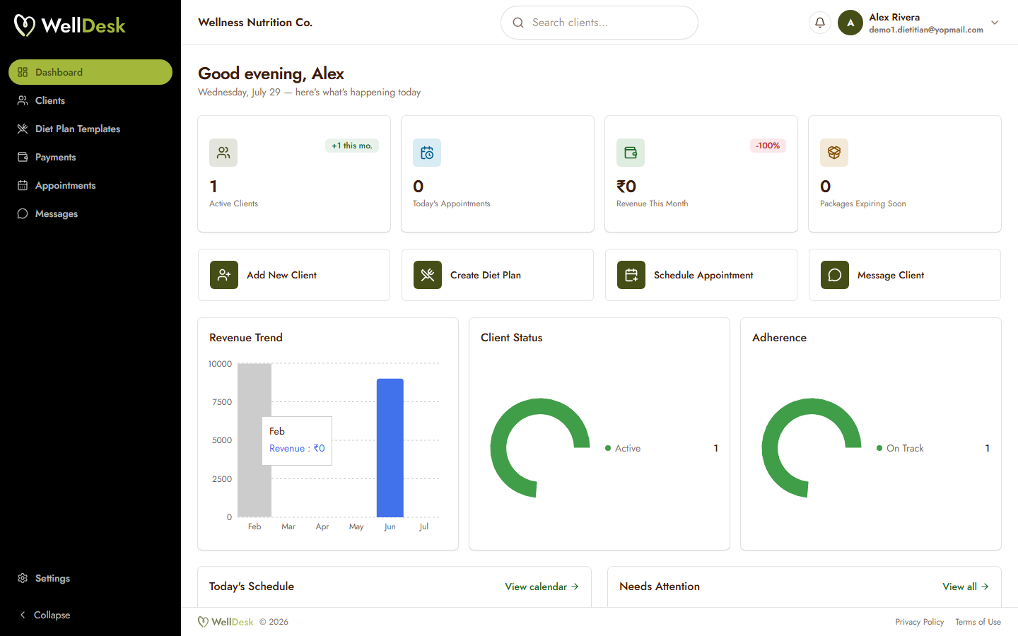 The WellDesk dashboard showing today’s schedule