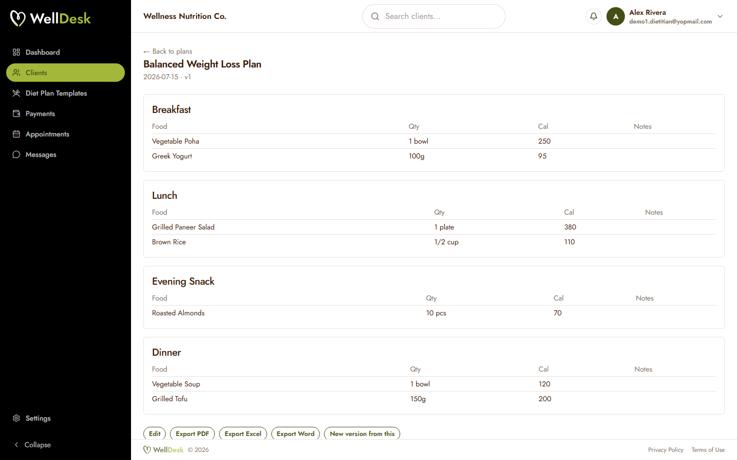 A diet plan being built in WellDesk with export options